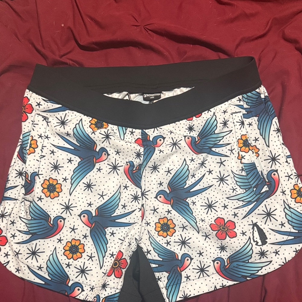 THF Women's White Athletic Shorts with Bird and Flower Print